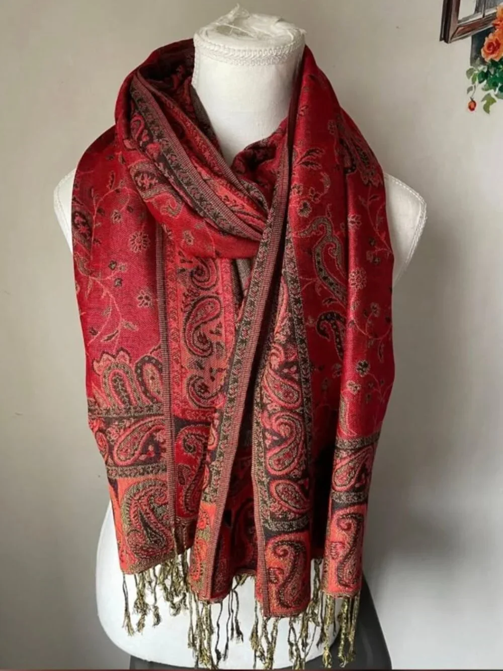 Red Paisley Pashmina Scarf for women , Festival shawl, Gift Rave, Bohemian
